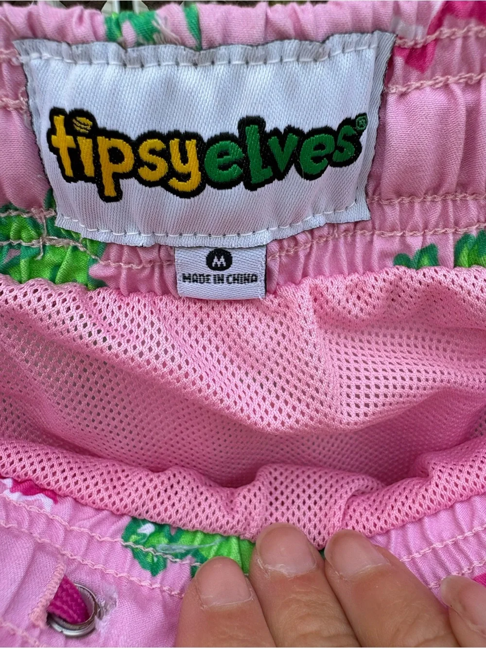 Tipsy Elves Men’s Pink Swim Shorts with Green Dinosaur Print- size M